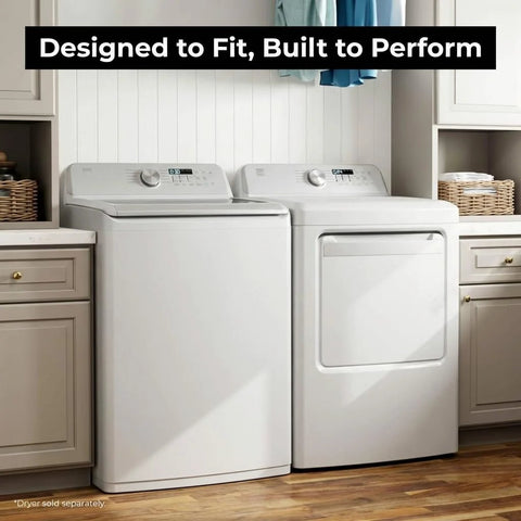 4.5 Cu Ft Top Load Washer With Triple Action Impeller For Tough Dirt And Stains Reducing Laundry Time With Accela Wash And Express Wash Energy Star Efficient Performance Ideal For Family Laundry Rooms Apartments And Dorms installed beside matching dryer