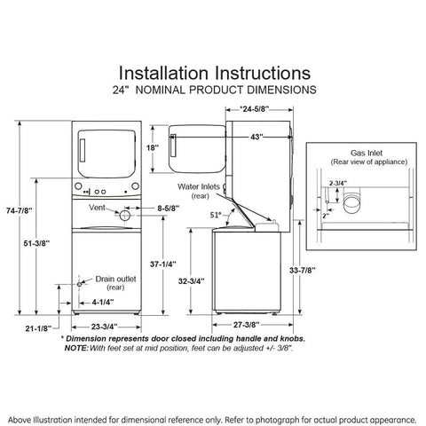 Installation instructions for Compact 27 inch unitized washer and electric dryer with detailed dimensions and layout.