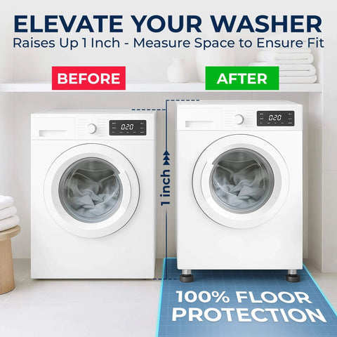 Laundry room with two washers showing before and after raising with a stand for 100% floor protection; washer raised by 1 inch.