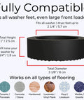 Dimensions and flooring compatibility of washer feet riser, 2 1/4" height, 3 1/8" diameter, suitable for various surfaces like tile and wood.