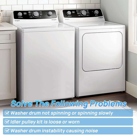 Washer and dryer in laundry room, text highlights Washing Machine Idler Pulley Kit With Lever And Belt Tensioner for Speed Queen, Alliance models.