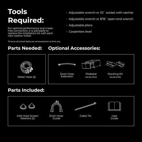 Efficient 4.5 cu ft front-load washer tools and parts guide, showing required tools, needed parts, and optional accessories
