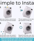 Installation guide for adjusting washer height using VibeGuard pads, featuring images of a washing machine tilted and leveled.