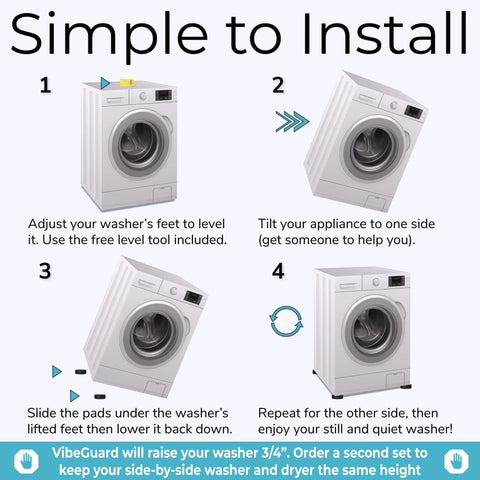 Installation guide for adjusting washer height using VibeGuard pads, featuring images of a washing machine tilted and leveled.