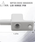 Close-up view of Lid Hinge Pin WP35-2045 for top-load washers, showing dimensions 1.37x0.44 inches, durable replacement part.