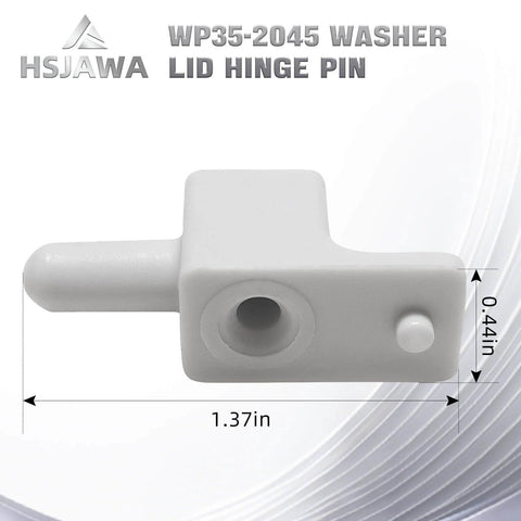 Close-up view of Lid Hinge Pin WP35-2045 for top-load washers, showing dimensions 1.37x0.44 inches, durable replacement part.