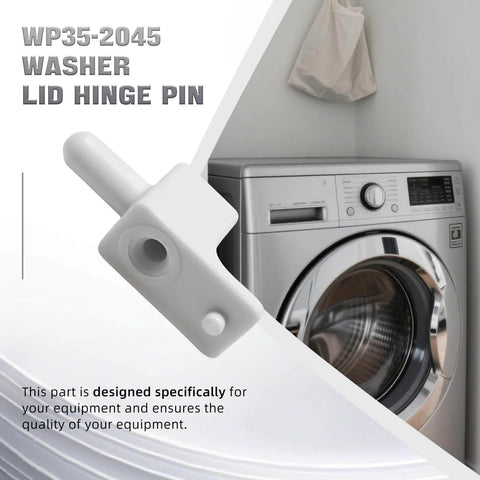Lid Hinge Pin WP35-2045 displayed with a top-load washer backdrop in laundry setting
