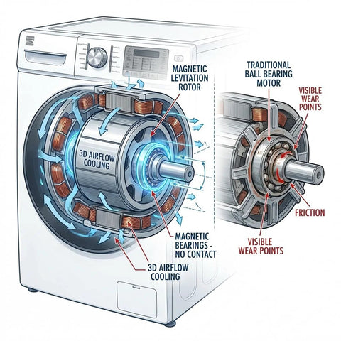 Experience fast, thorough laundry with a 5.0 cu ft front-load washer featuring steam cleaning and a 28-minute Super Speed Wash, motor diagram