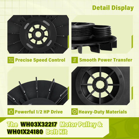 Detail display of Washer Motor Pulley And Belt Kit One Half HP With Nut For GE Models Replacement Part 4975025 4455970 WH03X32217 WH01X24180