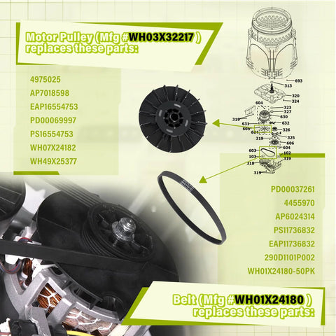 Washer Motor Pulley And Belt Kit One Half HP With Nut For GE Models Replacement Part 4975025 4455970 WH03X32217 WH01X24180