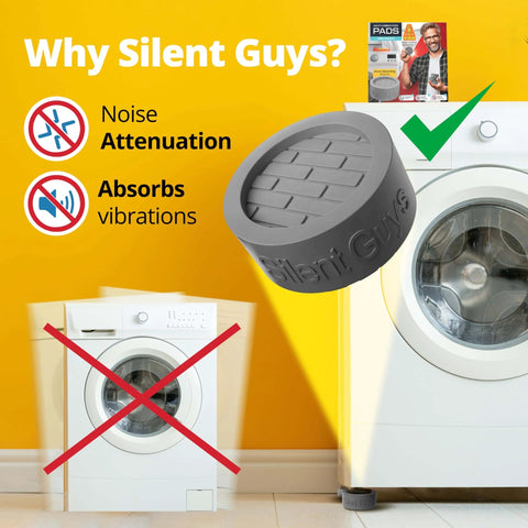 Silent Guys pad on washing machine, highlighting noise attenuation and vibration absorption benefits with a yellow background.