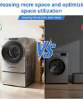 Universal Electric Pedestal Bracket And Hardware Pack For Washing Machines With Sturdy Galvanized Steel Construction Durable Mounting Kit installed with laundry machine on the left