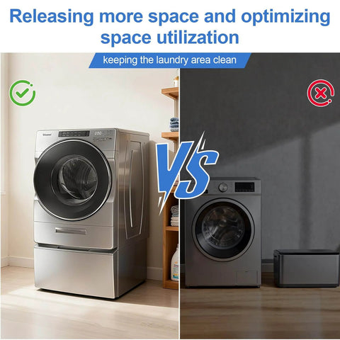 Universal Electric Pedestal Bracket And Hardware Pack For Washing Machines With Sturdy Galvanized Steel Construction Durable Mounting Kit installed with laundry machine on the left