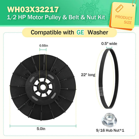 Washer One Half Horsepower Motor Pulley And Belt Nut Set For GE Washers Replacement Part Kit dimensions and compatibility details