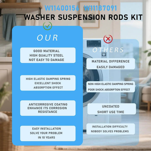 Comparison chart of Washer Suspension Rods Kit 4 OEM Replacement Compatible With Maytag Kenmore Whirlpool MVW7232HW0 WTW7120HW0.
