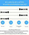 Front view of Washer Suspension Rods Kit 4 OEM Replacement Compatible With Maytag Kenmore Whirlpool MVW7232HW0 WTW7120HW0 WTW8127LC0 Includes W11187091 PD00065760 AP6976426 kit with four rods and springs.