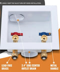 Push Fit Laundry Washer Valve Box With Center Drain, One Half Inch Push Fit Inlet To Three Quarter Inch MHT Outlet, Includes Two Disconnect Clips