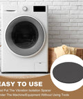 Rubber Spacer Washers Set 60mm Diameter 1.5mm Thick 10 Pack shown beside washing machine for vibration reduction.