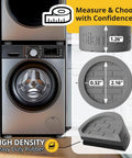 Stacked washer and dryer beside high density rubber pads with measurements for noise reduction.
