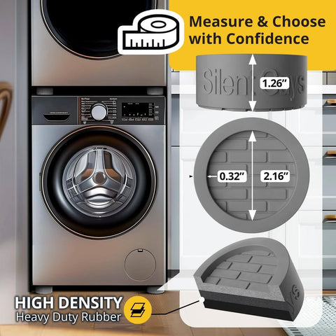 Stacked washer and dryer beside high density rubber pads with measurements for noise reduction.