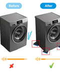 Before and after image of a washing machine with Eight Pack 4 By 4 By 0.875 Inch Heavy Duty Rubber Anti Vibration Pads reducing noise.