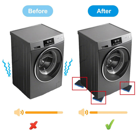 Before and after image of a washing machine with Eight Pack 4 By 4 By 0.875 Inch Heavy Duty Rubber Anti Vibration Pads reducing noise.