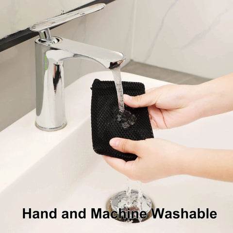 Person washing a black Nylon Mesh Drawstring Bag, 5 x 3.5 Inch Small Storage Pouch String Bags for Mini Stuff MP3 Charger Earphone Key, 3pcs Travel Kit Organizer for Lipstick Cosmetic Jewelry, Black under a faucet