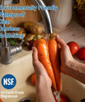 Hands washing carrots under a faucet with NSF seal, emphasizing clear, odorless, food-grade silicone lubricant use for faucets.