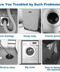 Six images showing washing machine issues like poor drainage, rust decay, uneven ground, difficult cleaning, noise, and potential damage.
