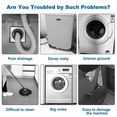 Six images showing washing machine issues like poor drainage, rust decay, uneven ground, difficult cleaning, noise, and potential damage.
