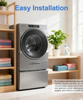 Universal Electric Pedestal Bracket And Hardware Pack For Washing Machines installed in laundry room with shelves of folded towels