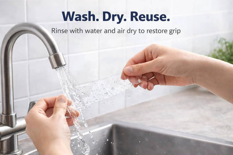 5 Pack Double Sided Nano Grip Go-To Mounting Tape With 50 Feet Total, 10 Foot Clear Rolls being washed under a faucet.