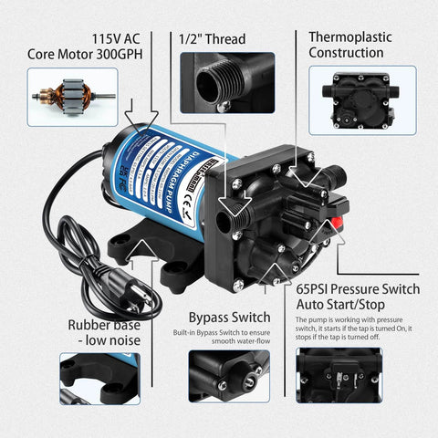 WASSERMANN 115V AC Diaphragm Pump, 5.5 GPM 65 PSI 1/2" NPSM Connection, 4-Chamber Self-Priming Fresh Water Pressure Pump with Pressure Switch
