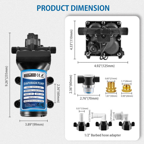 WASSERMANN 115V AC Diaphragm Pump, 5.5 GPM 65 PSI 1/2" NPSM Connection, 4-Chamber Self-Priming Fresh Water Pressure Pump with dimensions