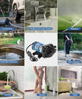 Collage showing WASSERMANN 115V AC Diaphragm Pump used for car washing, faucets, irrigation, rain collection, floor cleaning, kitchen, shower, toilet.