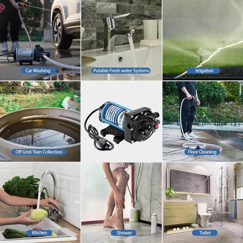 Collage showing WASSERMANN 115V AC Diaphragm Pump used for car washing, faucets, irrigation, rain collection, floor cleaning, kitchen, shower, toilet.