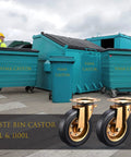 Waste bins with Vima Castor wheels, featuring two gold heavy-duty castors suitable for 660L and 1100L containers.