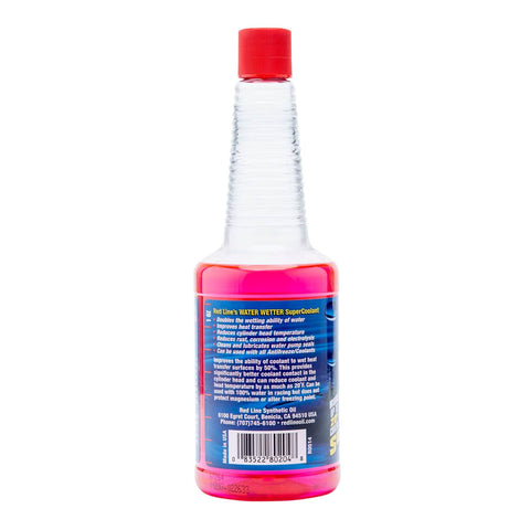 WaterWetter Super Coolant That Doubles Water Wetting For Your Ride, rear bottle label view, 12 ounce red liquid bottle
