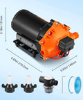 Front view of Water Diaphragm Pump, 12V DC, 5.5 GPM Flow, 70 PSI Rated Pressure, 1/2" MNPT Self Priming Sprayer Pump with accessories.