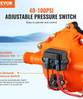 Close-up of a Water Diaphragm Pump, 12V DC, 5.5 GPM Flow, 70 PSI Rated Pressure (40-100 PSI Adjustable), 1/2" MNPT Self Priming Sprayer Pump with Pressure Switch for RV Camper Marine Boat Lawn, FCC Certified