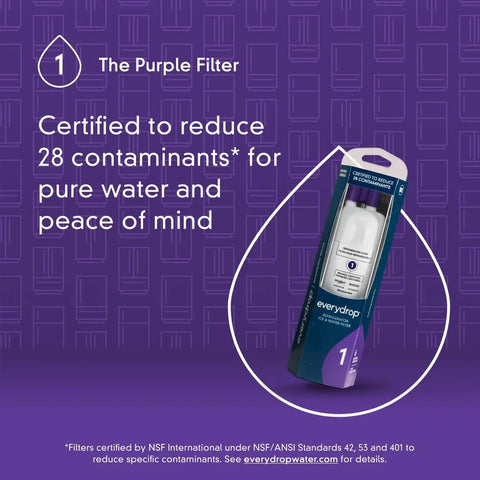 Water Filter 1 EDR1RXD1 For Refrigerator package on purple background, NSF certified to reduce 28 contaminants, single pack.