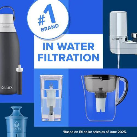 Display of water filtration products including pitchers and dispensers, featuring #1 brand in water filtration.
