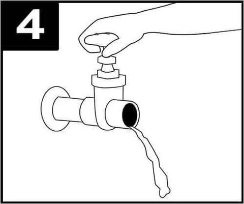 Illustration showing step four of Water Stopper Pipe Repair Kit With Three Tools For 1/2 Inch 3/4 Inch And 1 Inch Pipes Up To 65 PSI Heavy Duty Plumbing Plugs For Quick Copper And PVC Line Repairs Solder Without Draining, depicting water flowing from a pipe with a hand turning a valve.