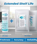 Water Hardness Test Kit - Water Testing Kit for Home, Drinking, Well, Spa, Swimming Pool, Softener, Dishwasher & More - Hard Water Test Strips for Calcium, Magnesium etc (0-425 pmm, 150 Strips) with bottle and refill pouches on countertop.