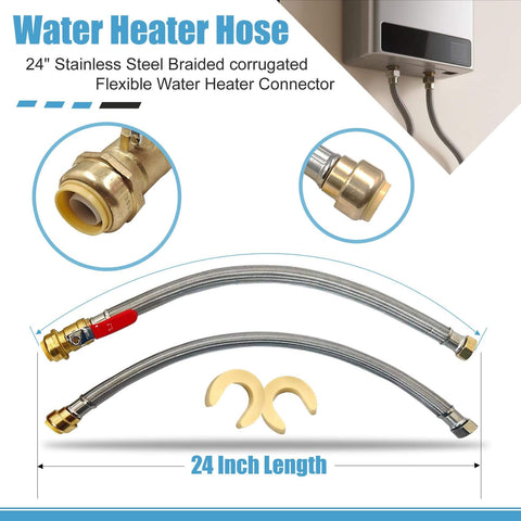 Three Quarter Inch Ball Valve Water Heater Hose Connector Set With Stainless Steel Braided Flexible Design For Quick Install Push To Connect Brass Fittings Compatible With Copper Pex CPVC And PERT 24 Inch Lengths 2 Pack