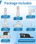 Diagram of One Quarter Inch Quick Connect Water Line Fittings Kit With Ball Valve Check Valve Tee Elbow And Y Fittings Push To Connect For RO And DI Systems Fridge Ready Ice Maker And Pro Tubing Cutter Easy Install showing package contents.