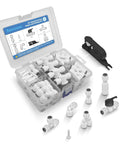 One Quarter Inch Quick Connect Water Line Fittings Kit With Ball Valve Check Valve Tee Elbow And Y Fittings Push To Connect For RO And DI Systems Fridge Ready Ice Maker And Pro Tubing Cutter Easy Install shown in box