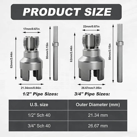 Image showing dimensions of the 4 In 1 Water Pipe Wrench For Plumbing Repair with internal and external tapping tool for 1/2 and 3/4 PVC pipes.
