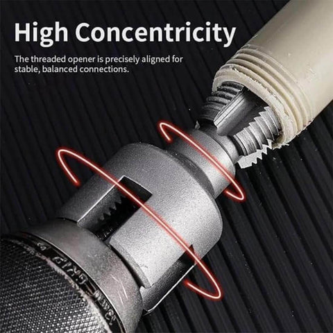 Close-up of 4 In 1 Water Pipe Wrench for Plumbing Repair with Internal and External Tapping and Threading Tool on PVC pipe