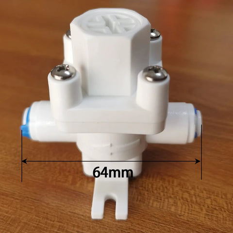 RO system pressure relief regulator with 64mm width for easy connection and protection against water hammer in reverse osmosis setups.